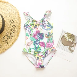 4-8Years Ruffle Deco Girls Kids One Piece Swimsuit Swimwear 2025 Leaf Print Summer Beach Children Girls Beachwear Bathing Suit