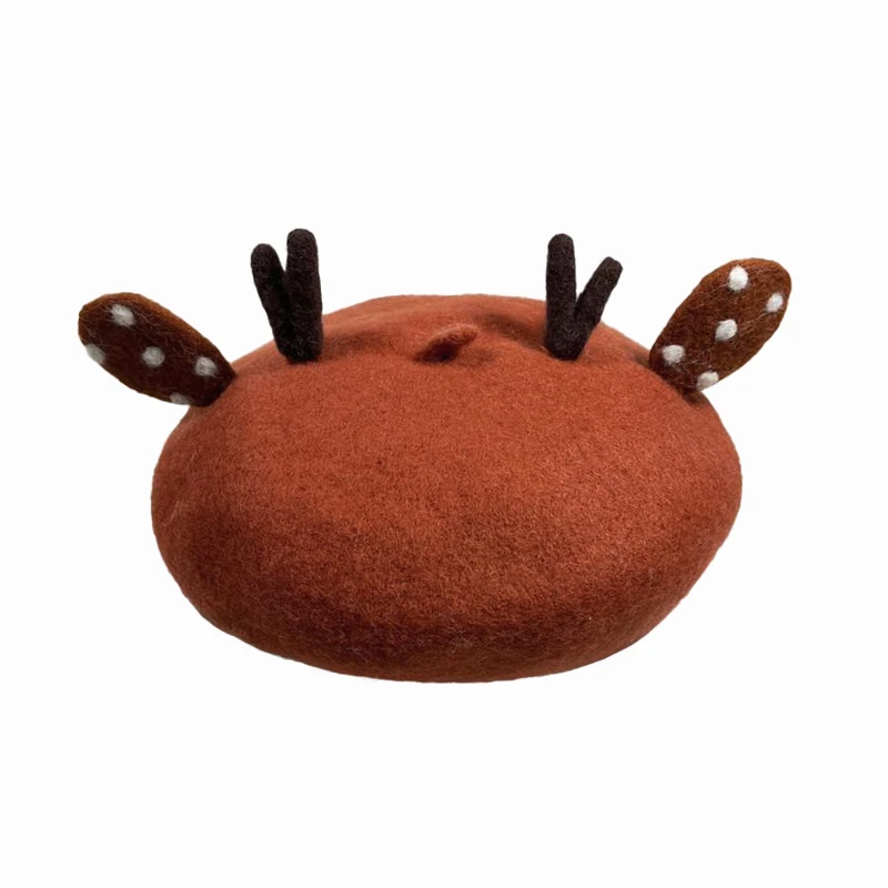 Child Women Handmade Cute Elk Horn Fox Ear Family Beret Hat Deer Antlers Kids Girls Wool Felt Painter Hat