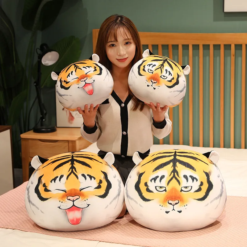 

2022 Simulated Printing Tiger Head Pillow Tiger Head Stuffed Plush Ball Toys Doll Wild Animal Throw Pillow For Sofa Chair Decor