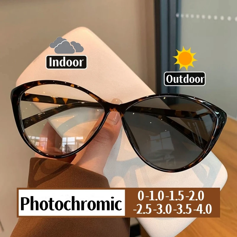 Intelligent Photochromic Myopia Glasses Women Short-sighted Eyeglasses Fashion Cat Eye Outdoor UV Sunglasses with Minus Degrees