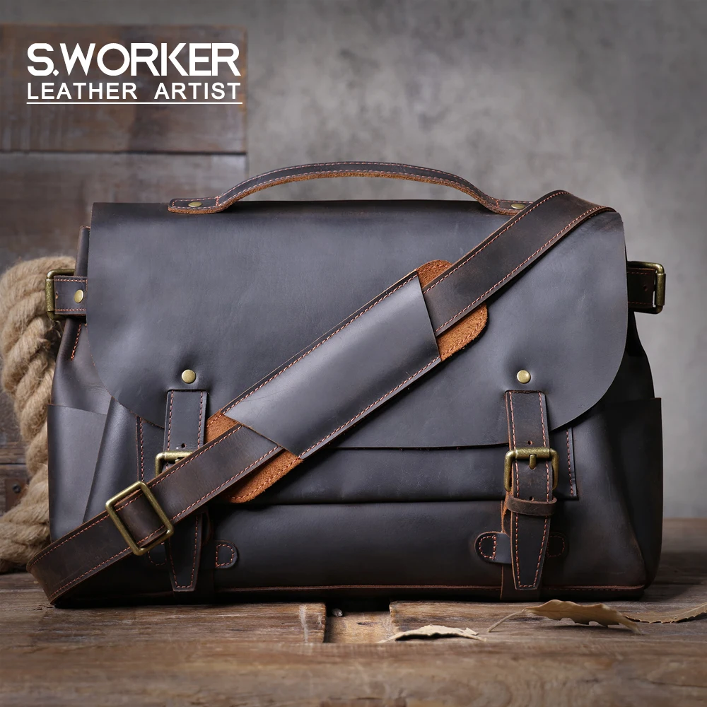 S.WORKE Vintage Echtleder Herren Umhängetasche Messenger Bag Crazy-Horse Rindsleder Klassische 14 Zoll Laptop-Tasche – Detail 2