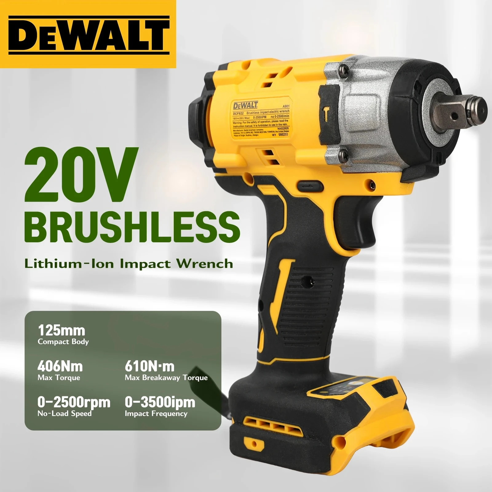 DEWALT DCF922 20V Impact Wrench 1/2" Square Drive 406Nm Torque 0-3500IPM Auto Repair Mechanical Fastening Hand tools
