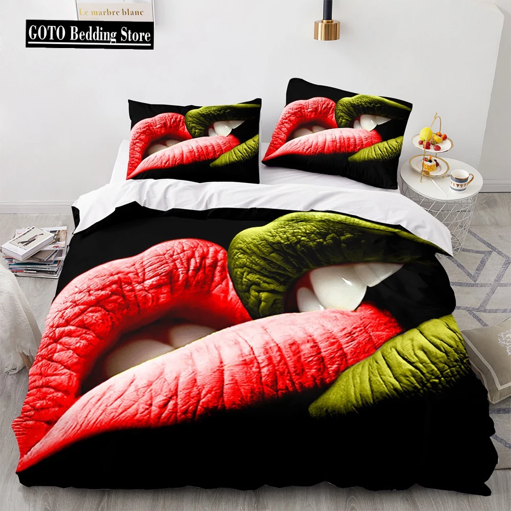 

Kiss on The Lips Bedding Sets Duvet Cover Set 2/3pcs Couple Style LOve Queen Comforter Set,Valentine's Day Gift Bed Set Double