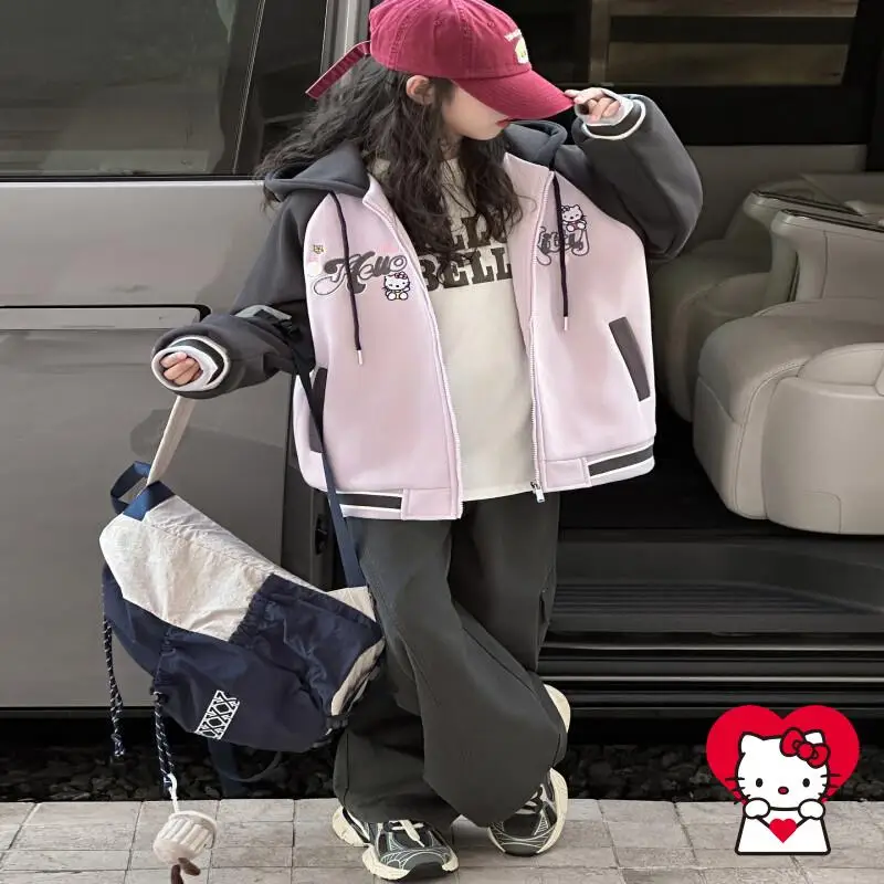 

Бейсбольная куртка Sanrio Hello Kitty для девочек, зимняя версия, повседневная детская одежда с хлопковой подкладкой и толстым капюшоном Kawaii Y2K, аниме