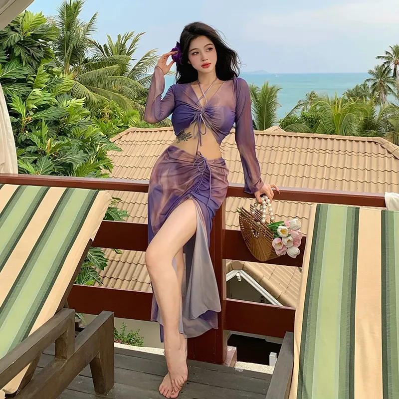 

Swimsuit Female Sexy Bikini Four Piece Split Long Skirt Long Sleeve Beach Resort Style Swimsuit