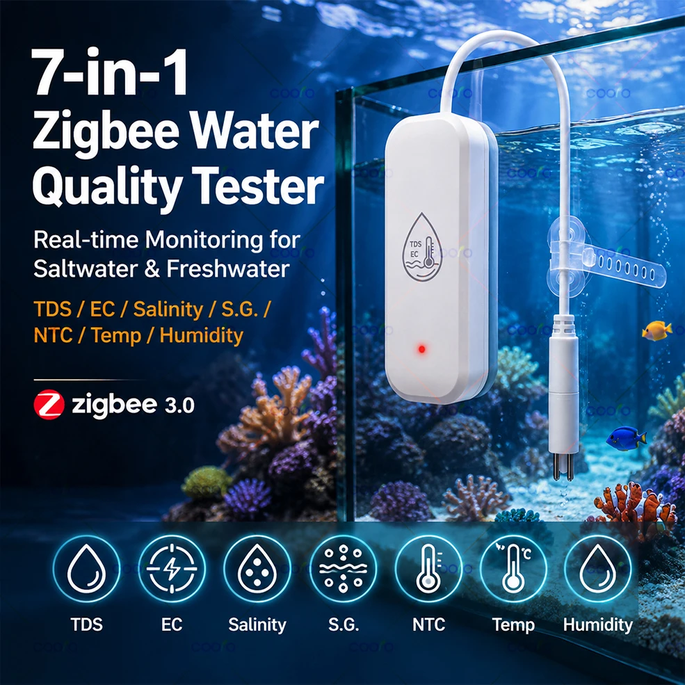 7-IN-1 Zigbee Water Quality Tester Seawater and Freshwater EC/TDS/Salinity/S.G/NTC/Temp/Hum Meter for Reef Aquarium Fish Tank