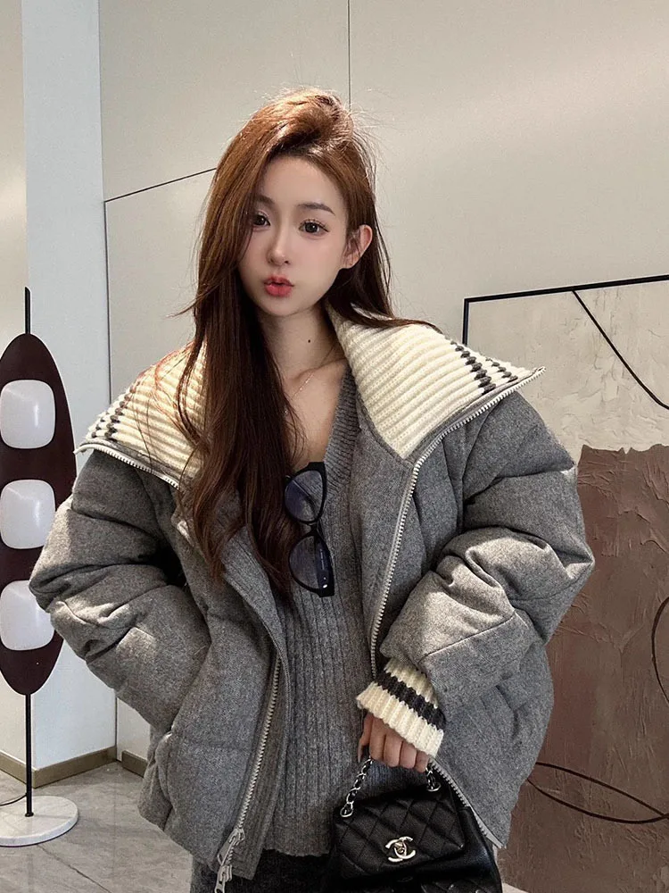 European Knitted Big Collar Down Jacket for Women New High end Design Retro Thick Woolen Down Coat