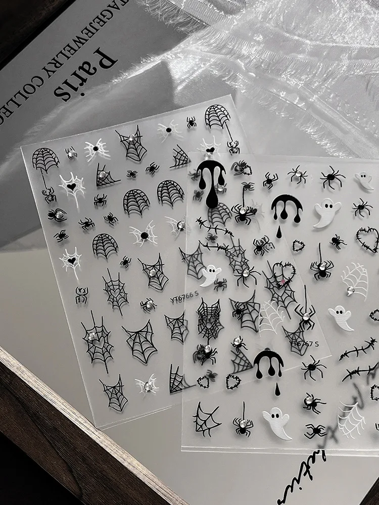 Adesivi per unghie di Halloween per manicure Ragnatela nera Fantasma bianco Designer Cursori autoadesivi per decorazioni artistiche per unghie