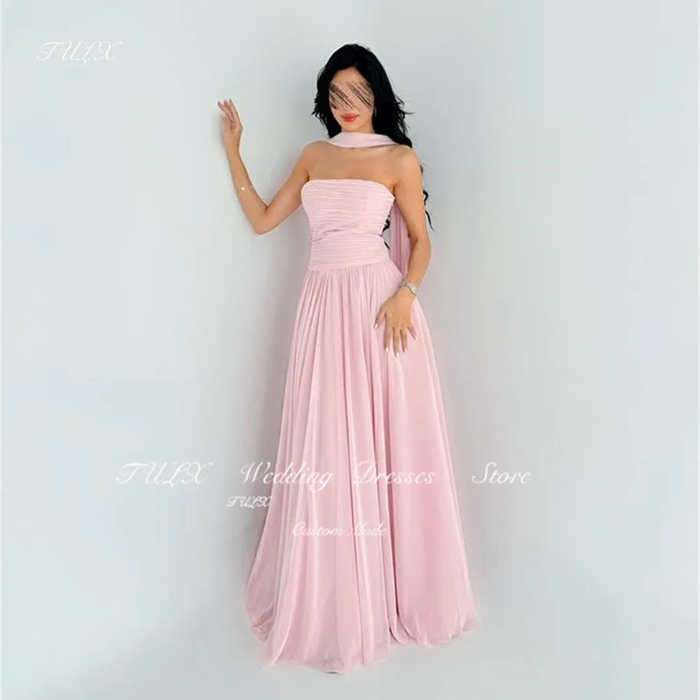 TULX Light Pink Strapless Chiffon Evening Dress With Long Scarf Sleeveless Floor Length Elegant Party Dress Formal Gown Custom