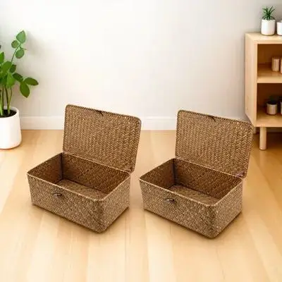 

2pcs Seaweed Woven Storage Basket Organizer Container Case Eco-Friendly Home Kitchen Bathroom Storage Solution
