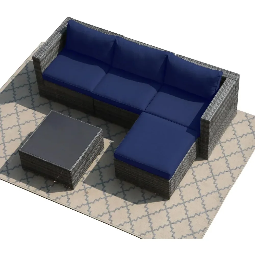 5 Piece PE Wicker Outdoor Sectional Sofa Set, Rattan Patio Conversation Set, Cushions, Coffee Table for Garden, Backyard, Porch