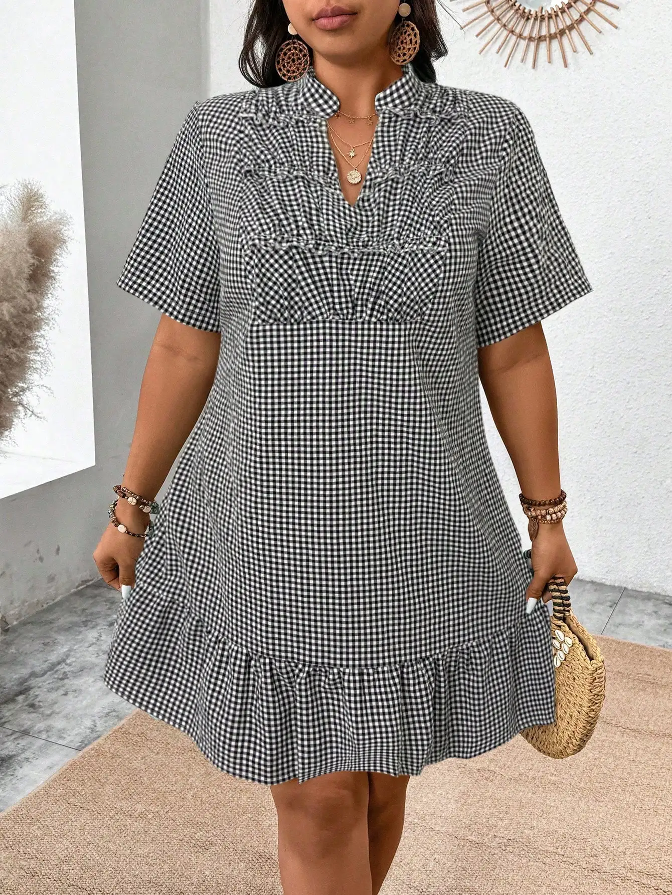 

Plus Size Women Gingham Check Ruffled Loose Bohemian Dress Spring Summer