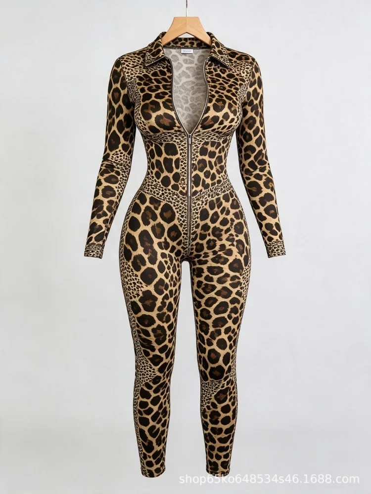 Women Leopard Print Jumpsuit Lapel Zip Front Long Sleeve Slim Fit Full Length Catsuit Female Night Club Party Overall Outfit