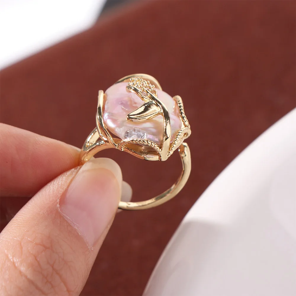 Kreativer Barock-Perlen-Öffnungsring mit Strass-Ranken, Damenschmuck, goldener, übertriebener, unregelmäßiger Perlenring für Damen – Detail 5