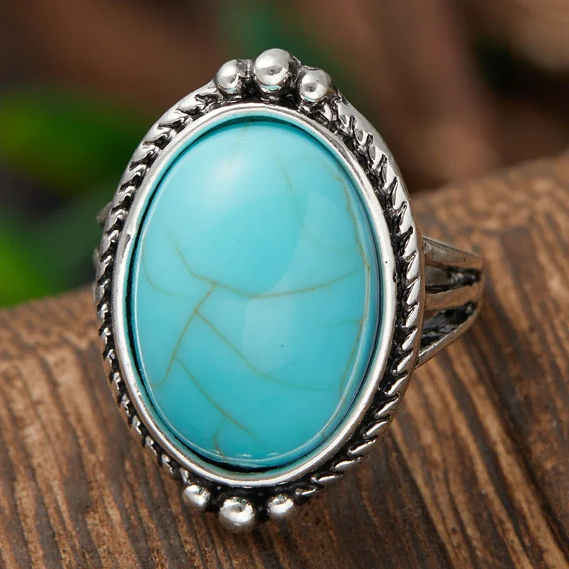 Bohemian Ethnic Style Large Imitation Turquoise Ring Women\'s Personality Vintage Jewellery Accessories Daily Versatile Ring