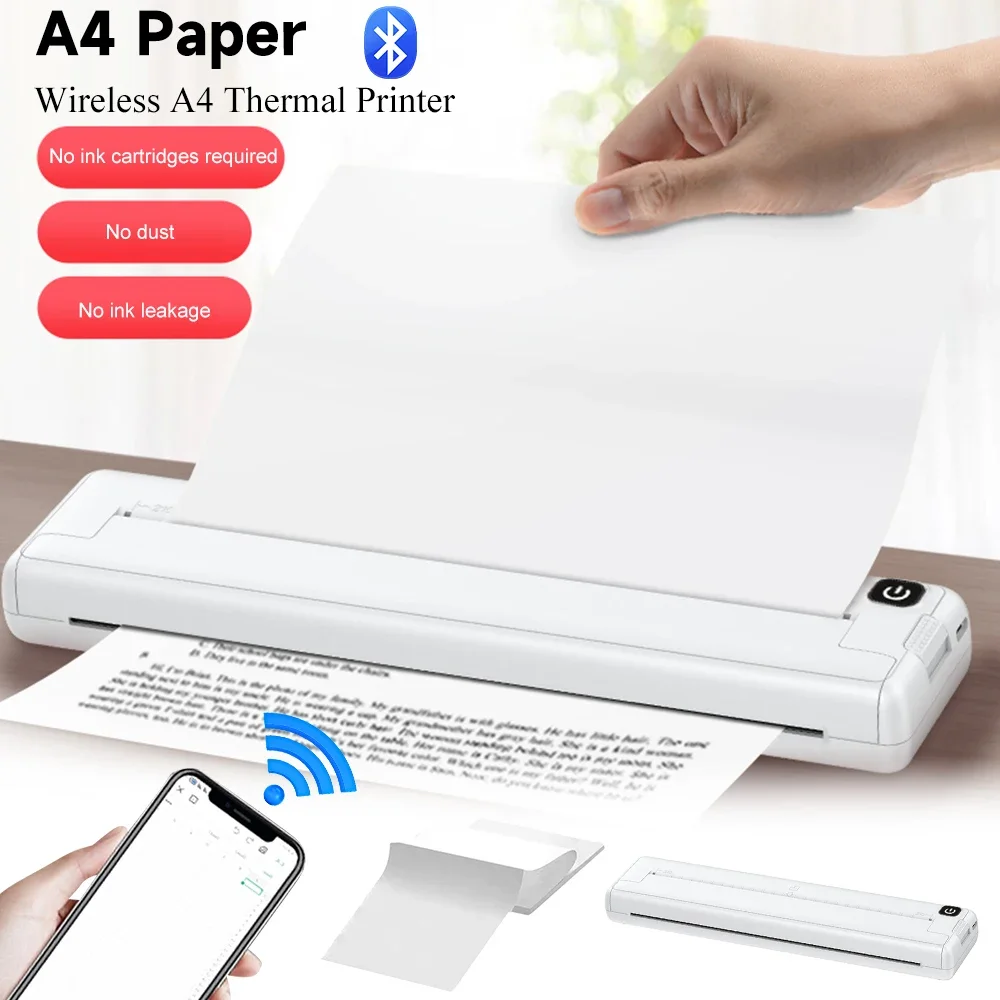 

A4 Paper Portable Thermal Printer 1000mAh Pocket Photo Document Printer Wireless Bluetooth Printer for Android iOS Laptop