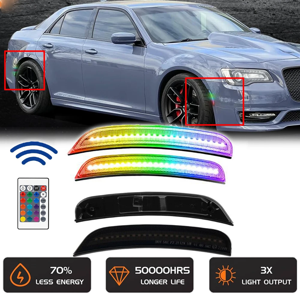 

4 шт. переднее и заднее крыло, светодиодный боковой габаритный фонарь RGB, многоцветный для Chrysler 300 2015-2023, автоматический указатель поворота, стоп-сигнал