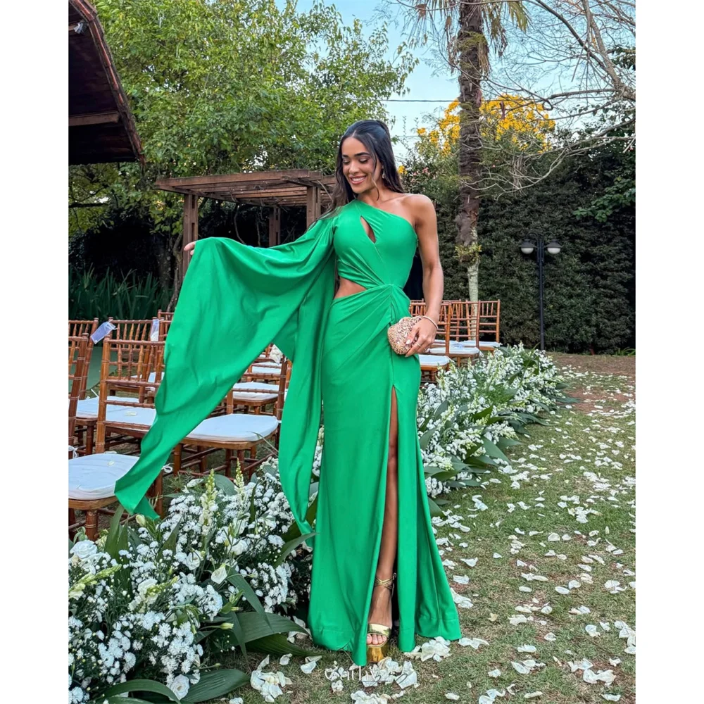 

Cathy Customized Green One Shoulder Mermaid Prom Dresses Shawl Sleeveless vestidos de noiva Cut-out Side Split Evening Dress