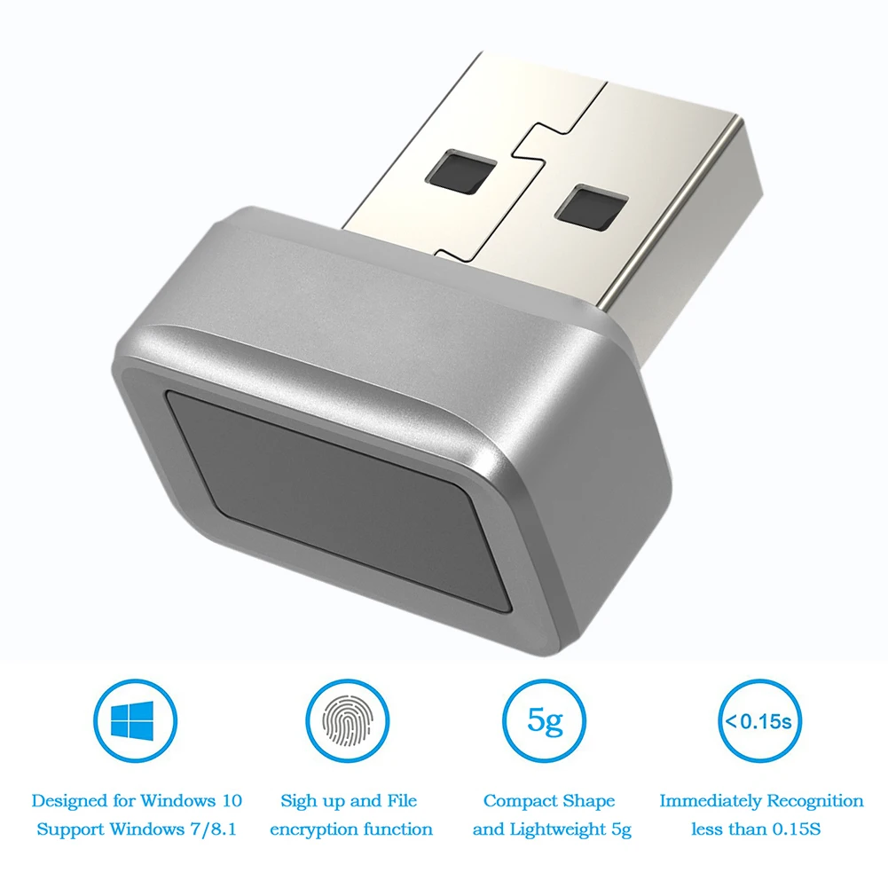 USB Fingerprint Key Reader FIDO U2F Speedy Matching Security Key Windows Hello Anti-Spoofing Mini Fingerprint Reader 360° Touch