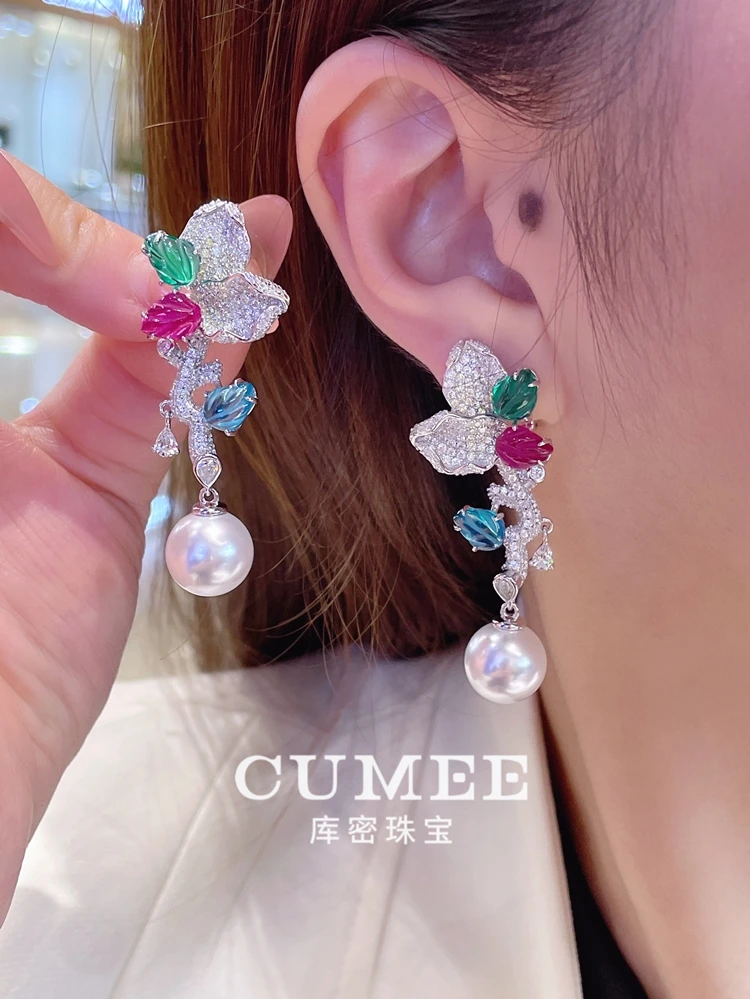 Cumee Flower Design Artificial Pearls Drop Earrings for Women 925 Sterling Silver Party Anniversary Gold Plated