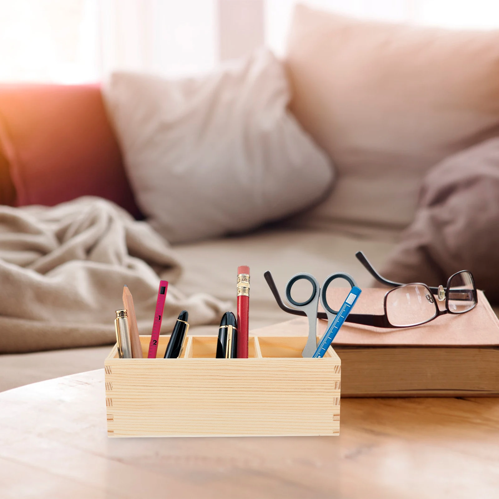 

Wooden Pen Holder Desktop Organizer Cosmetics Storage Box Lightweight Smooth Surface Multi Grid Wooden Pen Holder