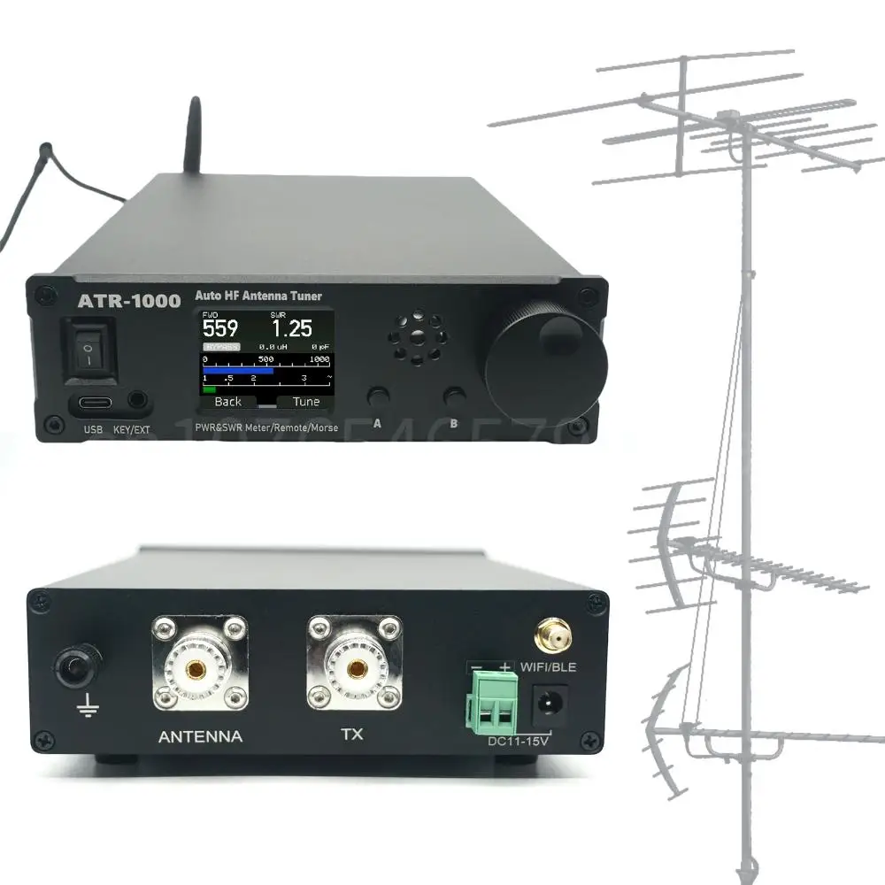 AMNVOLT ATR1000 1000W 1.8-30MHz Sintonizador de antena automático 1.8In Tela TFT HF Sintonizador de rádio de ondas curtas Receptor de rádio de banda de onda completa