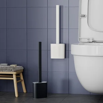 Black/White Silicone Toilet Brush Set with Flat Head Flexible Wall Mounted Bowl Cleaner An