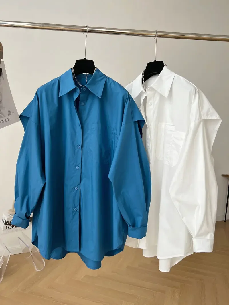 

Streetwear Loose Long Sleeve Blouse Turn-down Collar Fake Two Piece Patchwork Shirts Women Autumn All-match Solid Blusas J60