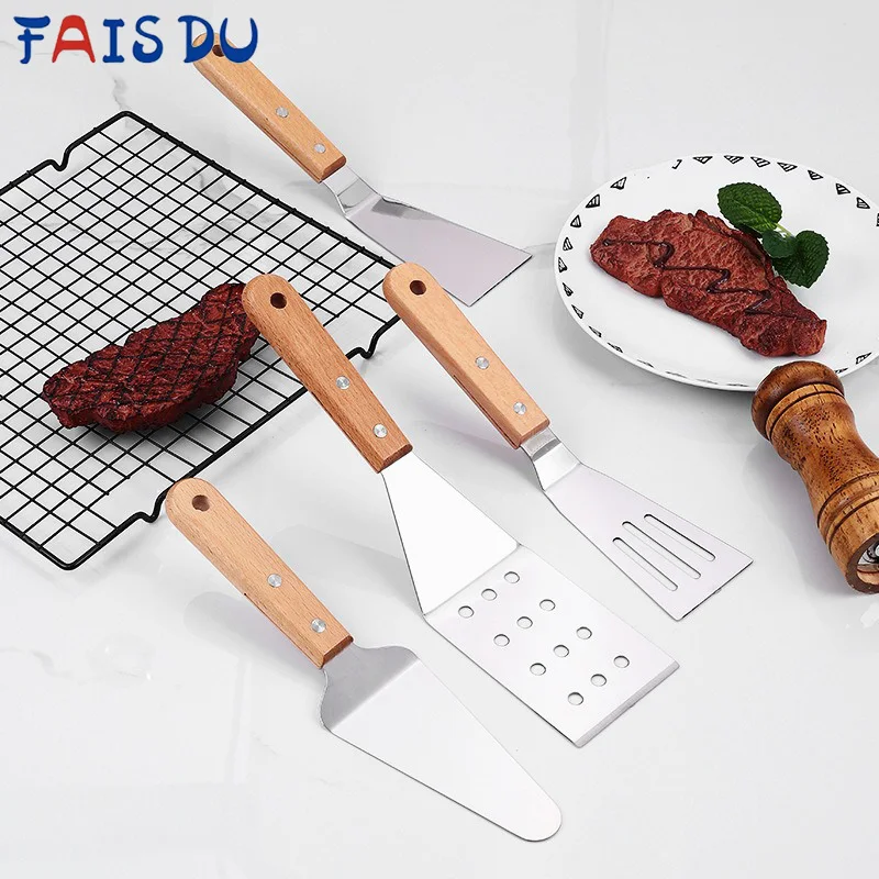 

Stainless Steel Wooden Handle Cooking Spatula Steak Pancake Frying Shovel Teppanyaki Scraper Barbecue Tool Kitchen Accessories