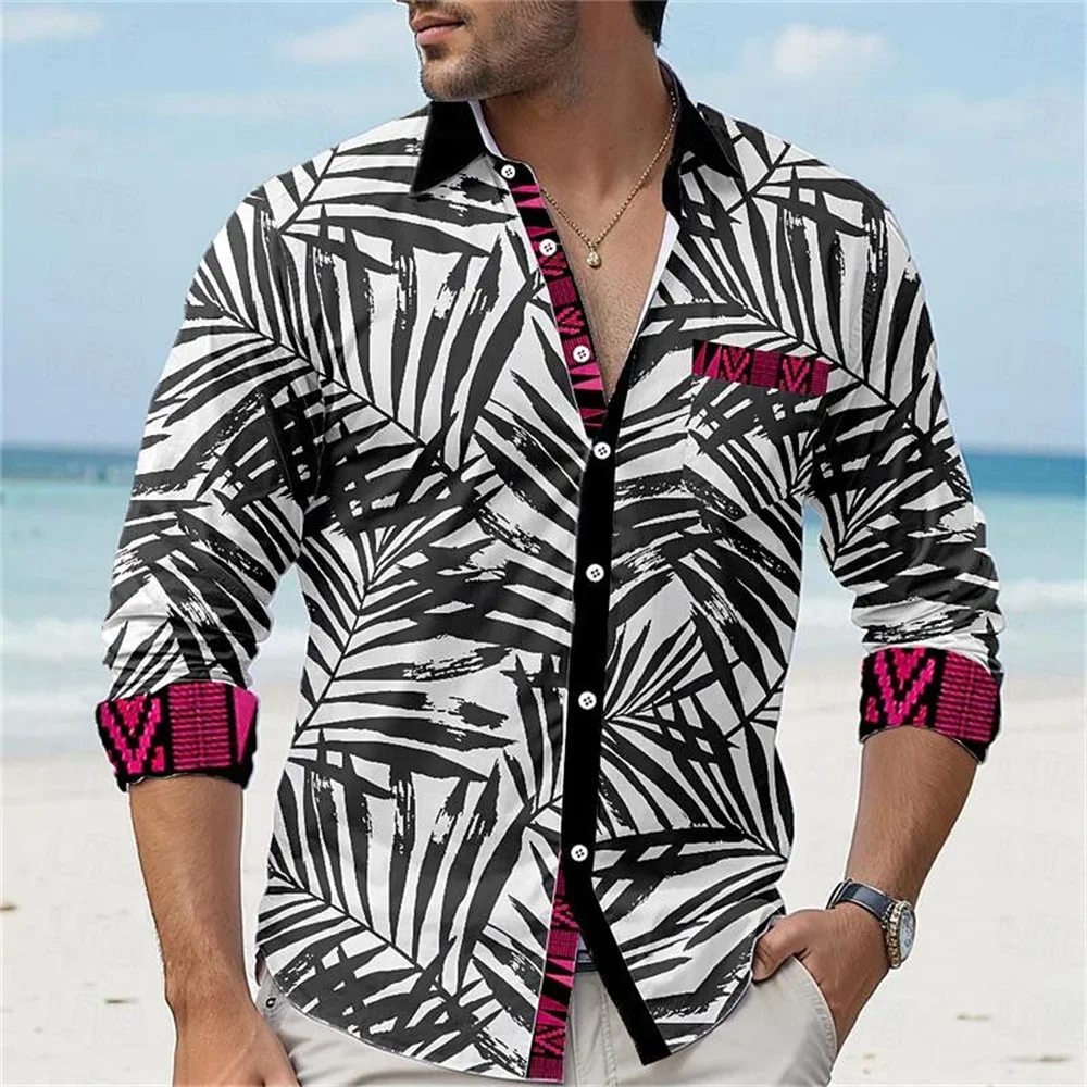 2024 New men's rose 3D printing creative long sleeved lapel button up shirt summer leisure vacation street men's clothing