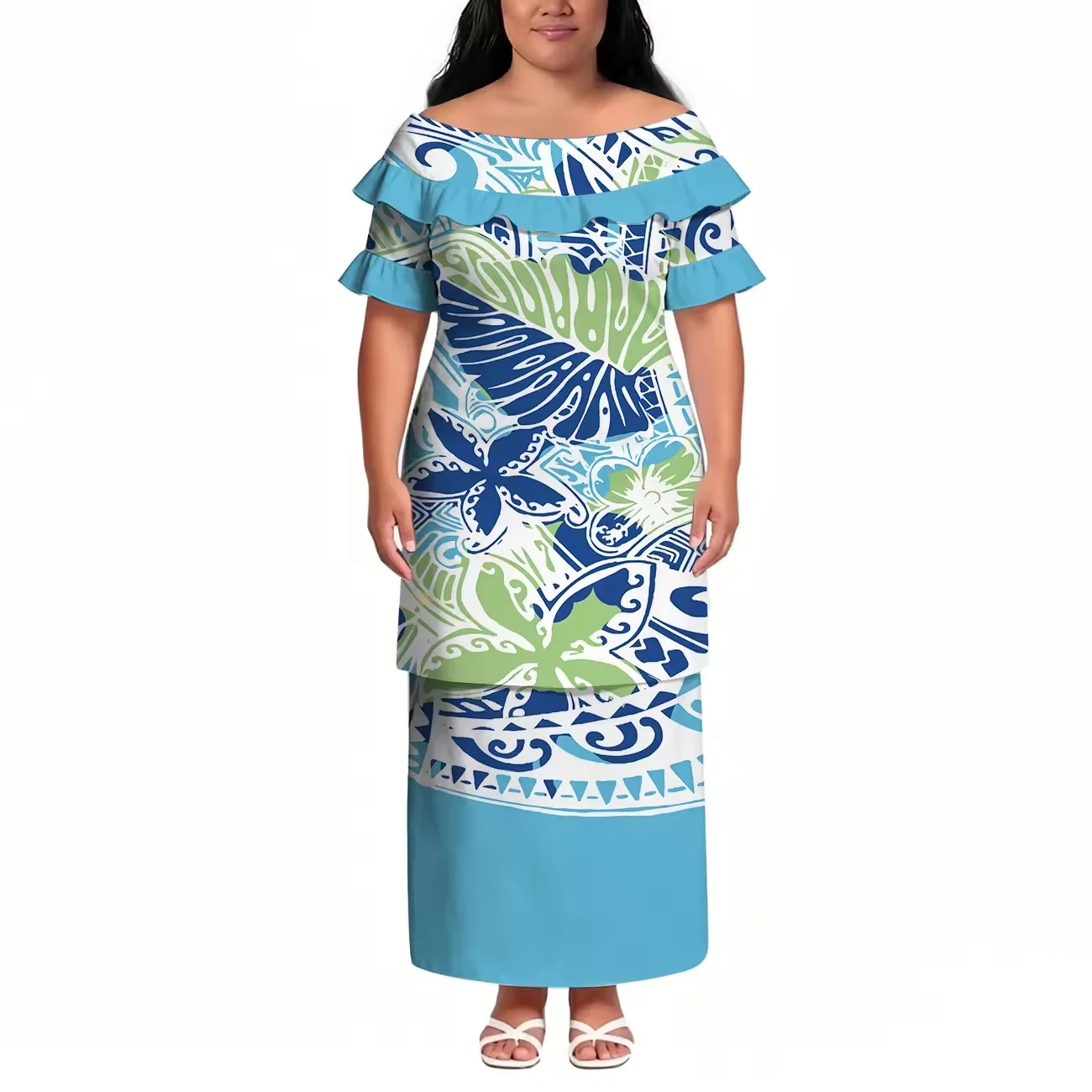 

Wholesale Custom logo Polynesian Tribal Print Puletasi Women's Plus Size Off Shoulder Shoulder Ruffle 2 Piece Set Dress Wear Set