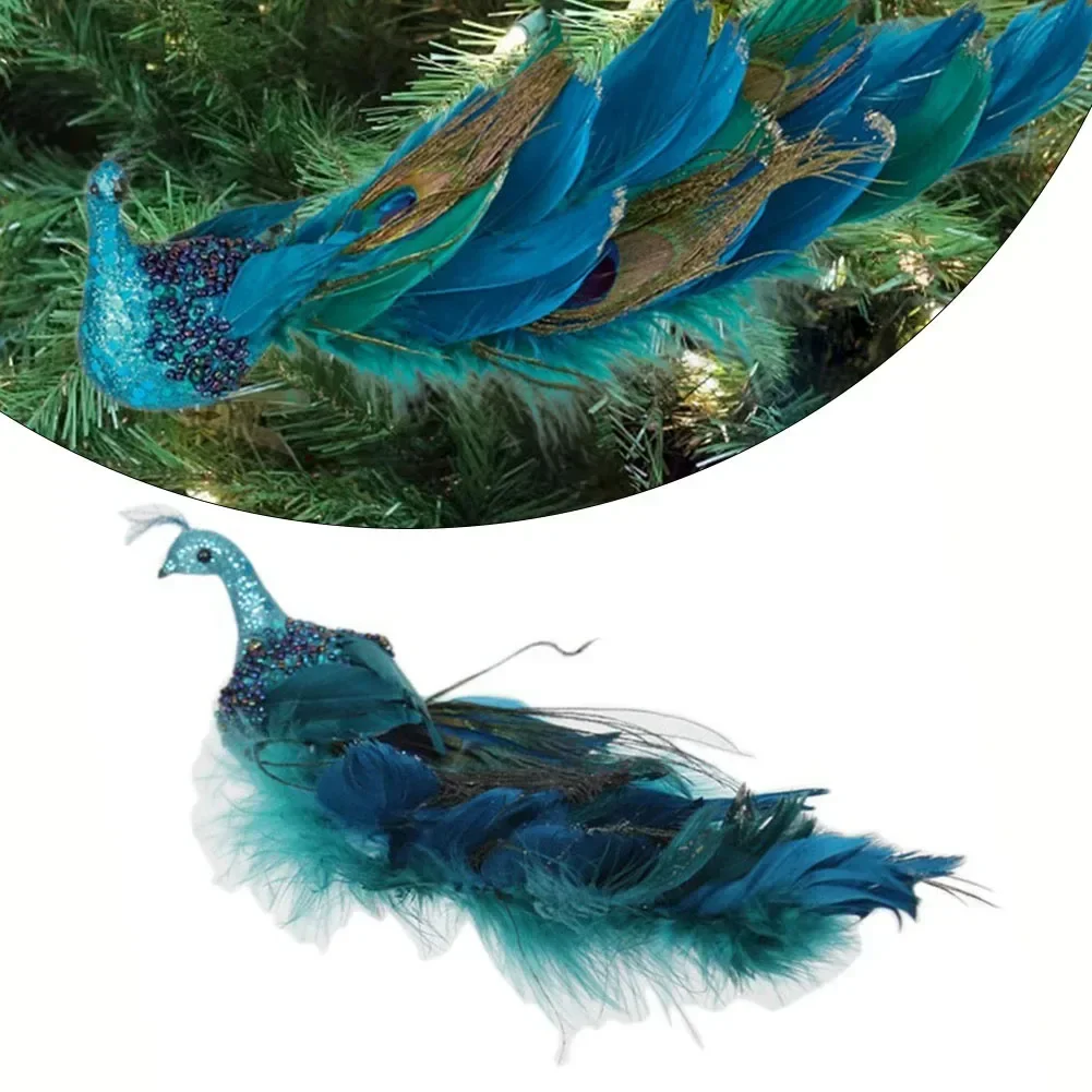 Blue Glitter Peacock Artificial Birds Christmas Tree Decoration Simulation Feather Birds Lawn Figurine Ornament 27*8*9cm