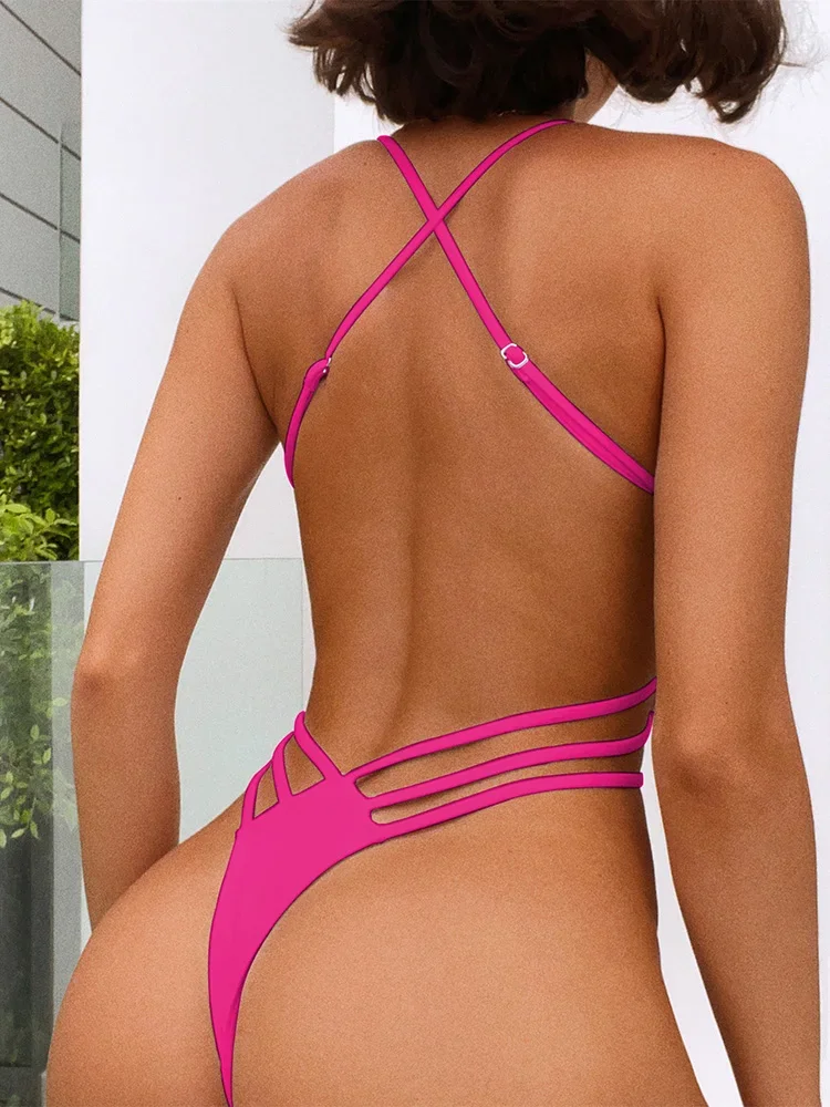 Bañador de corte alto con espalda descubierta para mujer, traje de baño de una pieza con Tanga de cuerda extrema, Monokini Sexy