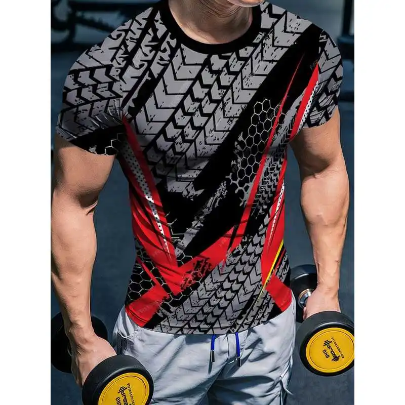 Men'S High-Elastic Quick-Dry Tire Tread Fitness Top Black Red Contrast Athletic Short Sleeve Tight Body-Hugging Muscle-Enhancing