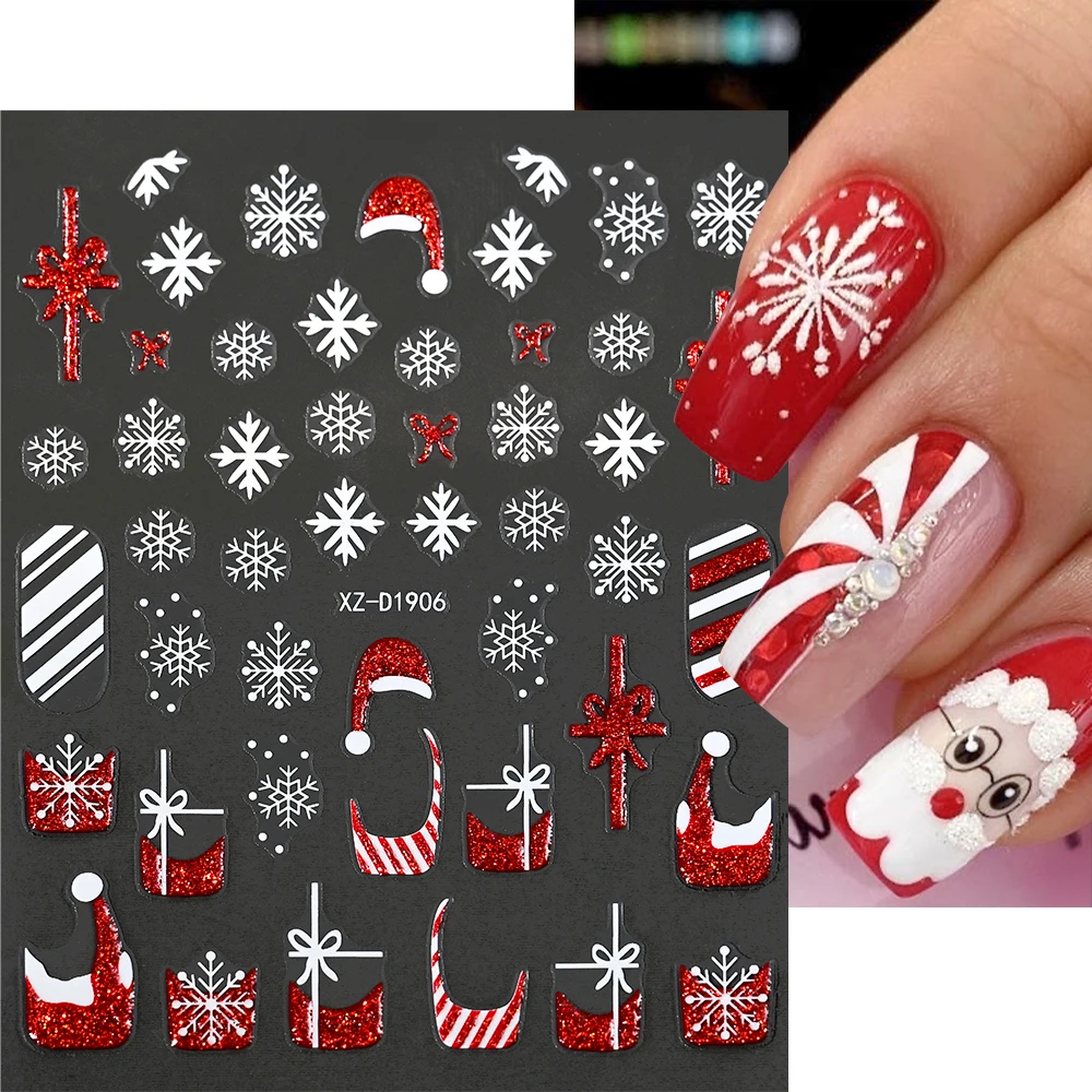 1 pz 3D rosso glitter Babbo Natale alce stella nail art adesivo cervo fiocchi di neve cursori per unghie di Natale per l'inverno Natale manicure decalcomania