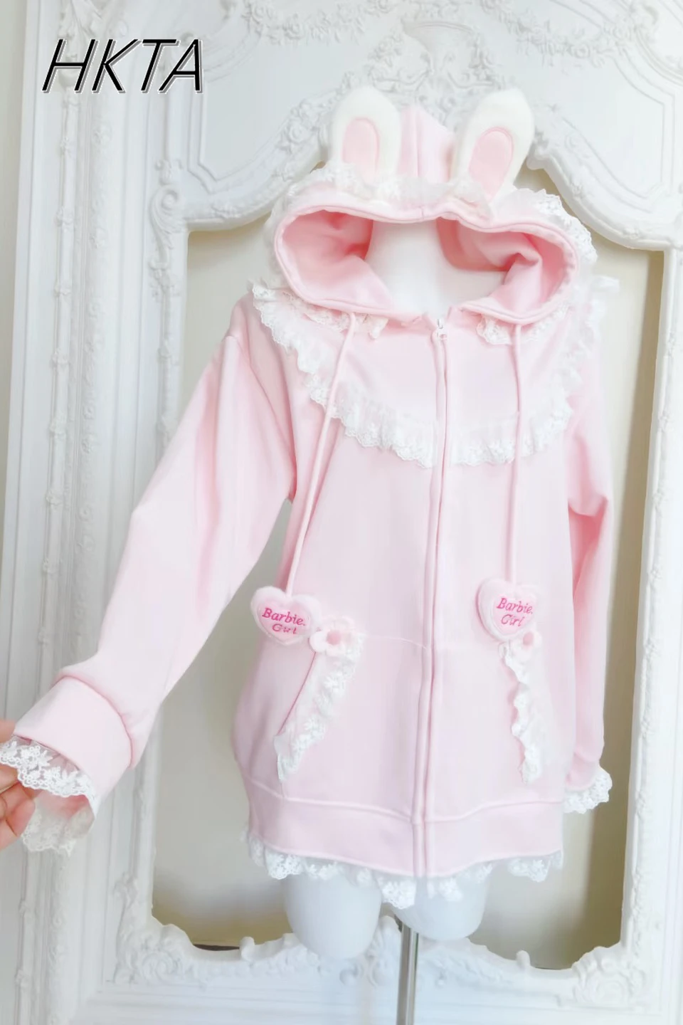 

2025 Spring New Sweet Loose Slim Long-sleeve Hooded Sweatshirt Coat Women Sweet Lace Cute Rabbit Ear Lolita Casual Hoodies Top