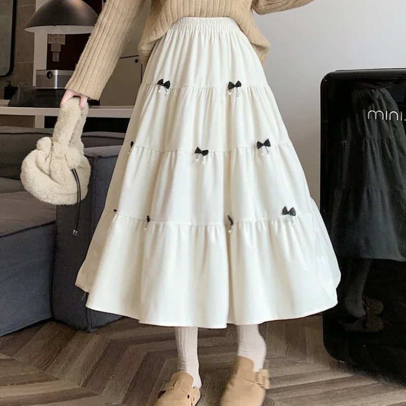 Mori Girl Sweet Cute Bow Velvet Black Brown Long Skirt for Women Autumn Winter Korean Fashion High Waist A-line Loose Cake Skirt