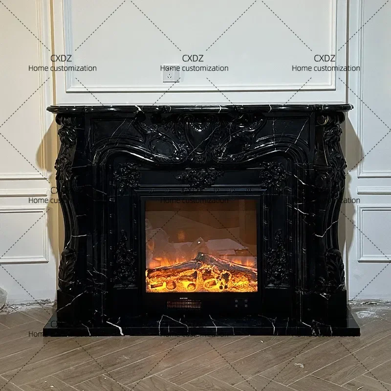 XX Marble fireplace stone carving black and white root  relief TV decoration heating stone fireplace customizat