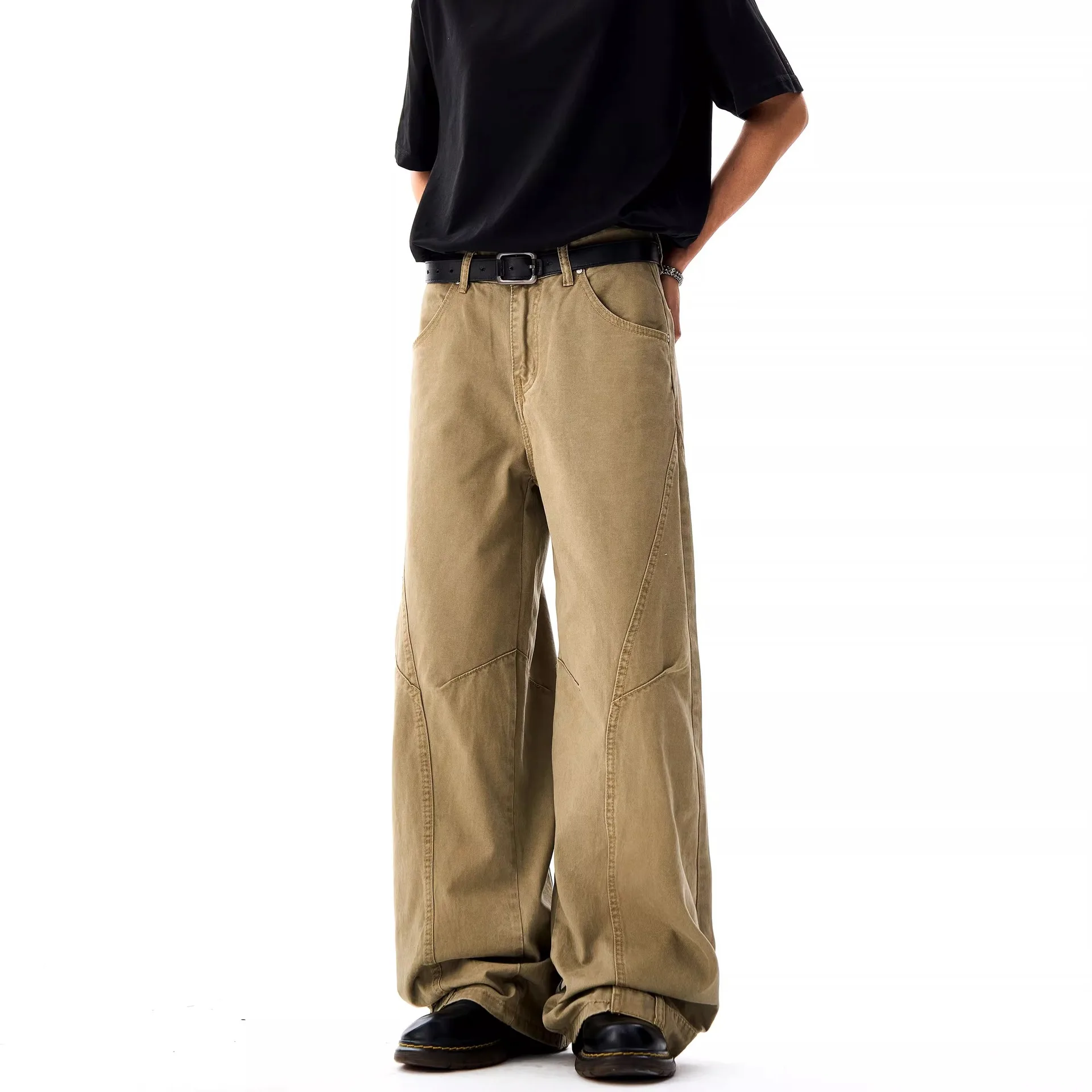 American Style New Fashion Vintage Men Solid Color Wide Leg Simple Basic Trendy Floor Length Loose Fit Cargo Denim Trousers Male