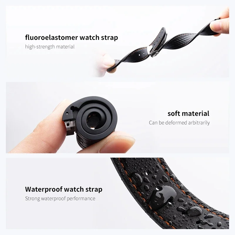 20mm Curved Steel End FKM Fluoro Rubber Strap for Omega Speedmaster Aqua Terra Black Deployment Clasp Men Replacement Watch Band