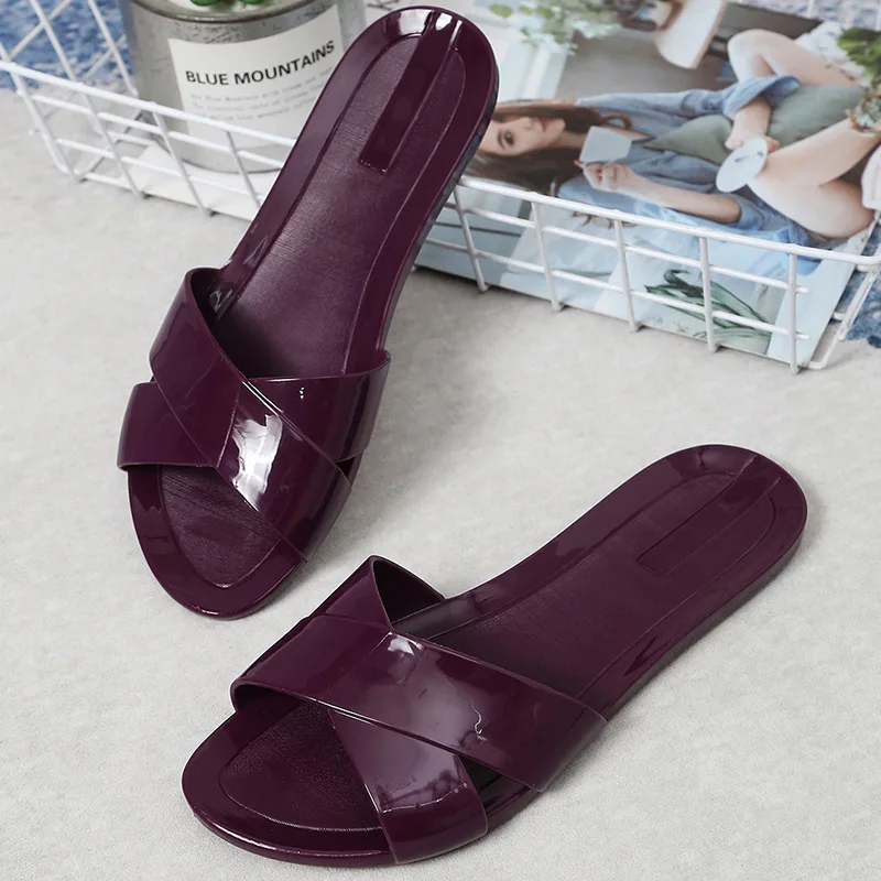 

Women's Summer Fashion Plastic Slippers Casual Anti-skid Home and Household Slippers Female Peep Toe Flat Bottomed Jelly Sandals