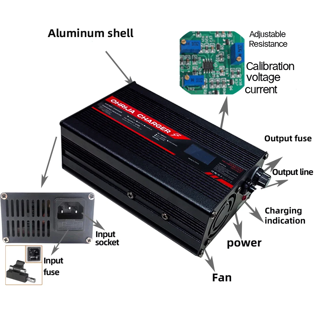 OHRIJA 14.6V 10A OLED Display Charger Smart Aluminum Case Is Suitable For 4S 12.8V LiFePO4 Battery OLED Display Fast Charger 12V