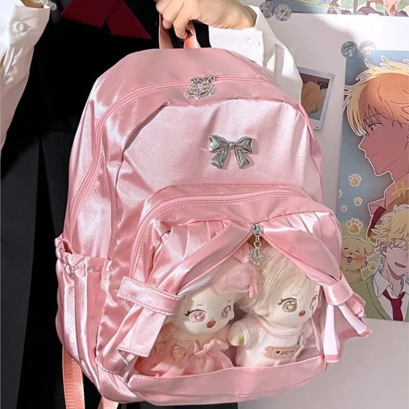 

Japanese Pearlized Pleated Transparent Curtain Backpack Women Sweet Bow Large Capacity Anime Backpack Ladies Student Schoolbag
