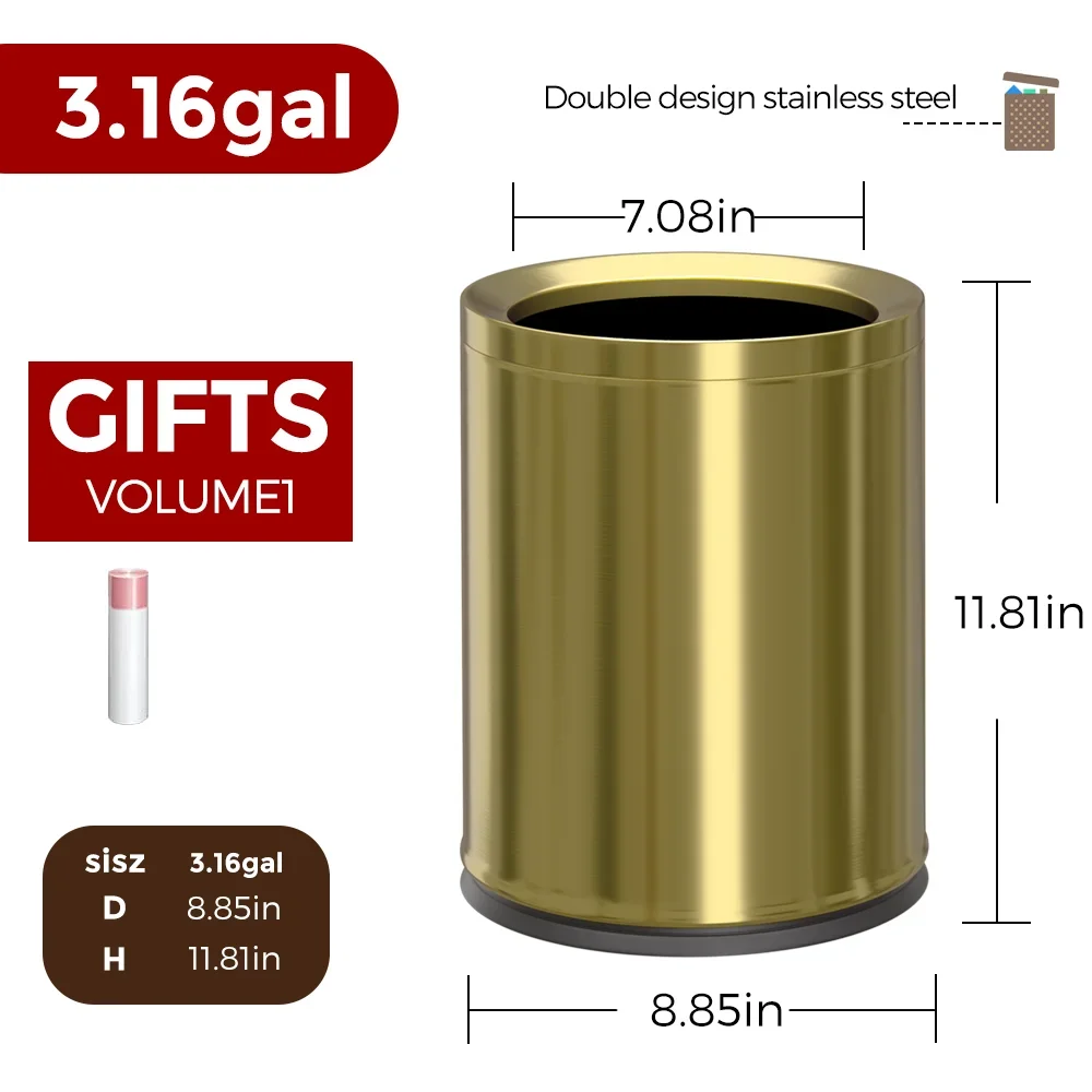 Leasylife 3.17 gallon metal bathroom trash can (open top) paper trash bin, golden color, small trash bin for living room, suitab