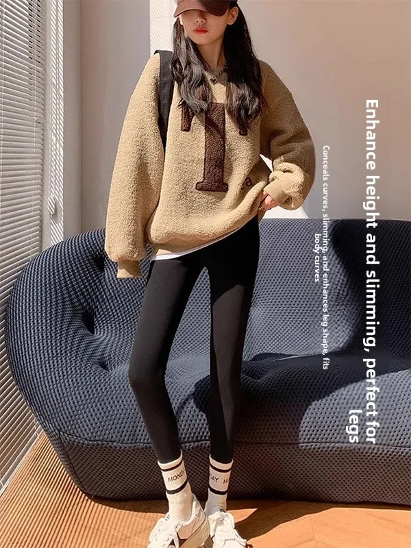 

ey Fce Lined High Waist Yoga Pants Women's Winter Outdoor Wear Large Size Tight Elastic ort Spor Eighteen Bot