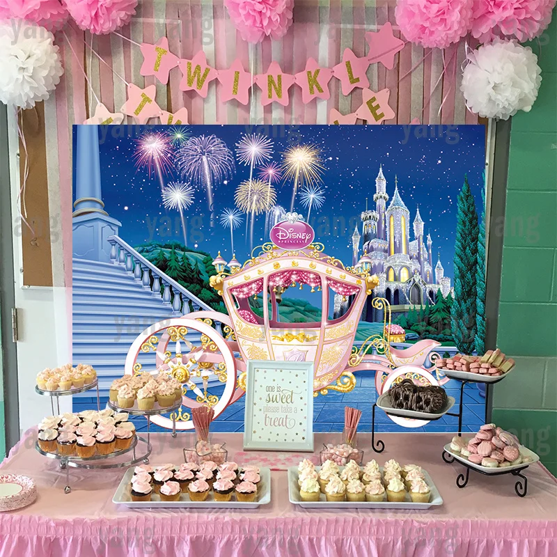 Disney Lovely Princess Cinderella Dreamy Carriage Castle Cartoon Vinyl Backdrop Girls Birthday Party Background Photography