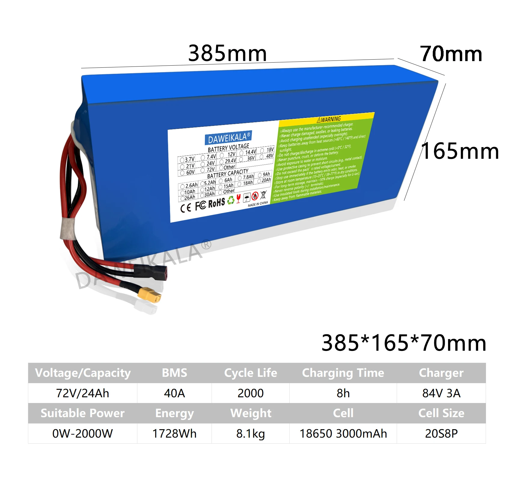 Nieuwe 72 V 12Ah-30Ah 18650 Batterij 50A BMS 100% Real Capaciteit 3000 W High Power motor Voor Elektrische motorfiets Driewieler Scooter