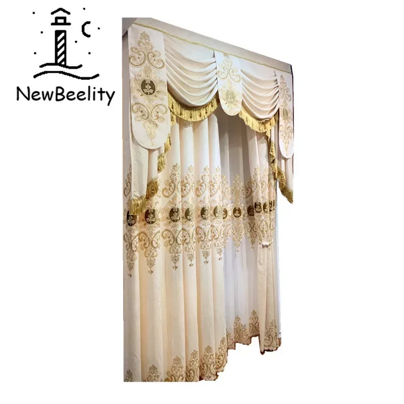 European-style Curtains for Living Dining Room Bedroom Light Luxury Champagne Chenille Gold  Embroidered Curtains Window valance