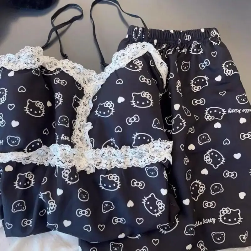 

2Pcs Sanrios Summer Pajamas Hello Kittys Kawaii Suspenders Shorts Fashion Casual Breathable Loose Home Clothing High End Gifts