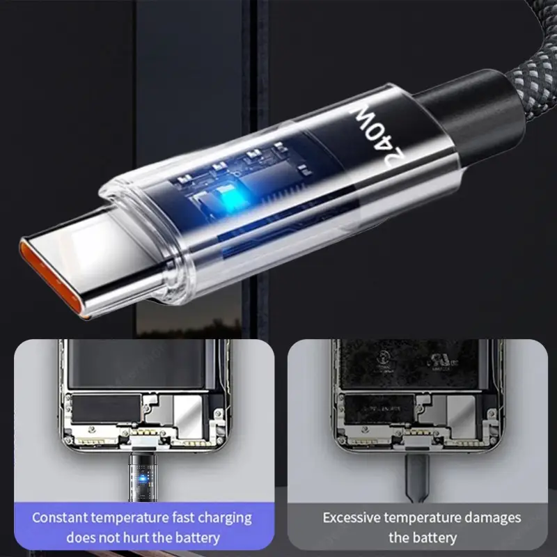 240W Nylon USB C PD Super Fast Charging Data Cable with LED Digital Display USB To Type C Quick Charge Data Cords 0.25/1/1.5/2M - 4